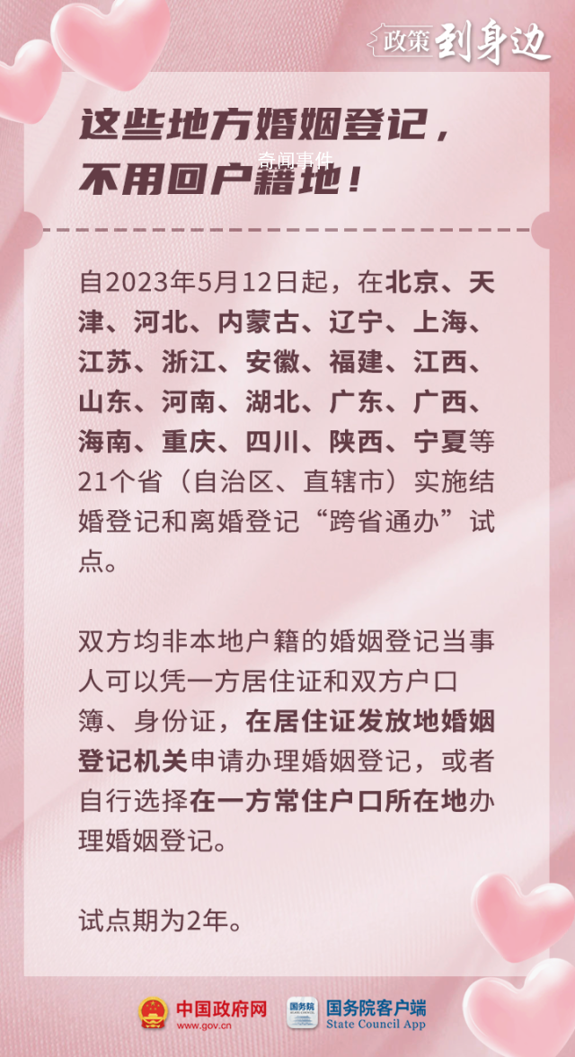 21省份试点结婚登记跨省通办 试点地区这样办理婚姻登记